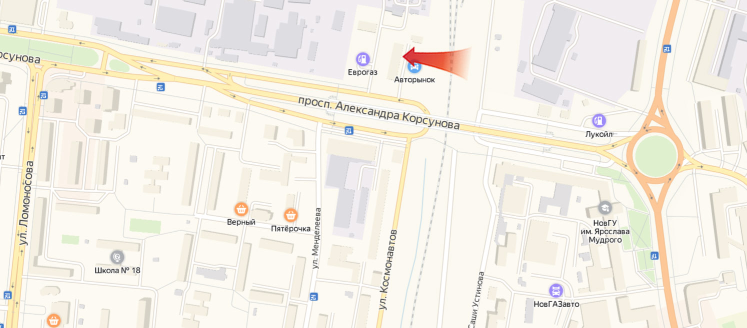 Схема проезда до заправки Центр переоборудования автомобиля на ГБО (Метан) в Великом Новгороде на улице Корсунова, 6А